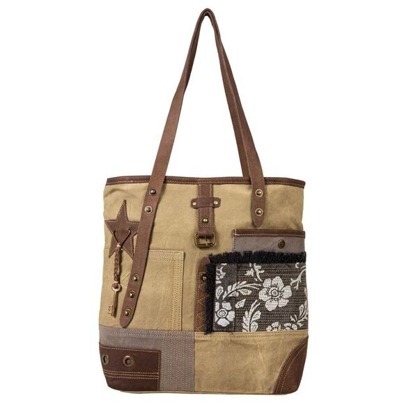Myra Bag Handmade Vintage Tote Bag Upcycled Canvas & Cowhide Leather - Picture 1 of 9